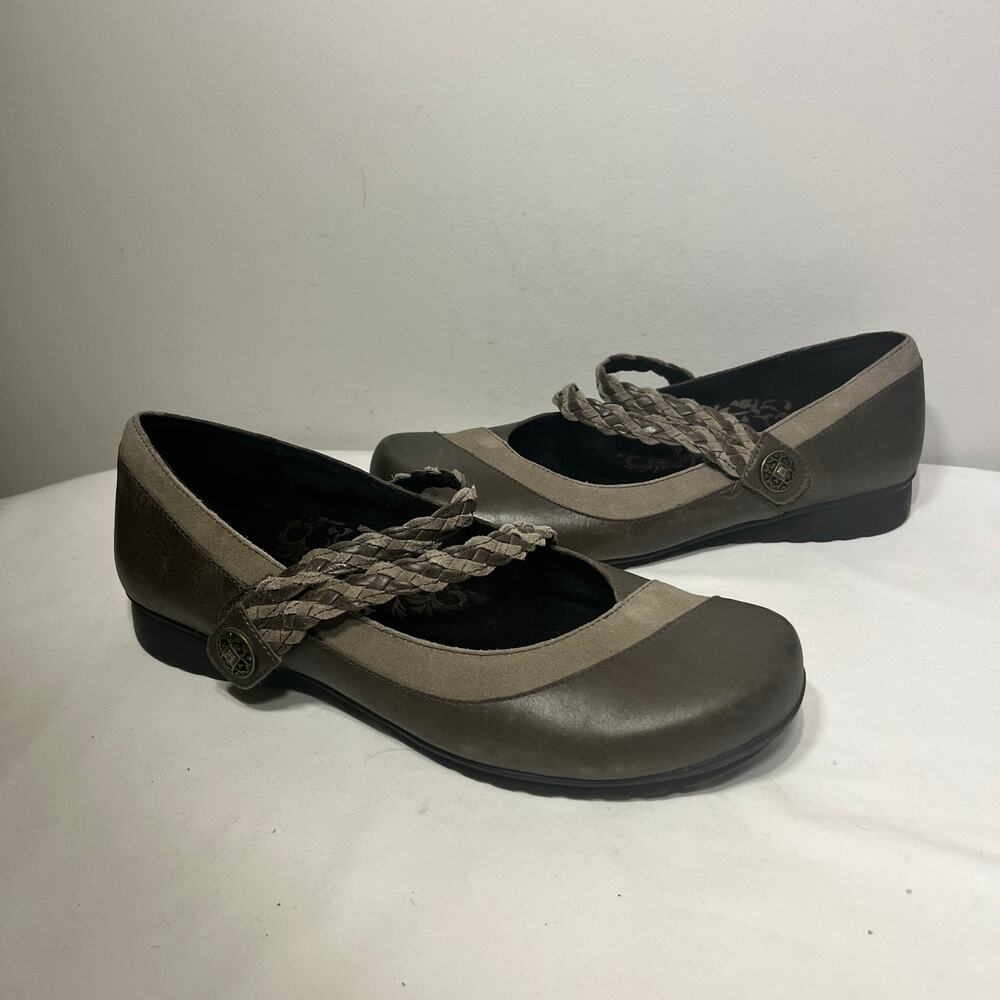 Aetrex Shoes Mary Janes Brown Gray Leather Braided Strap Comfort Casual 10.5/42